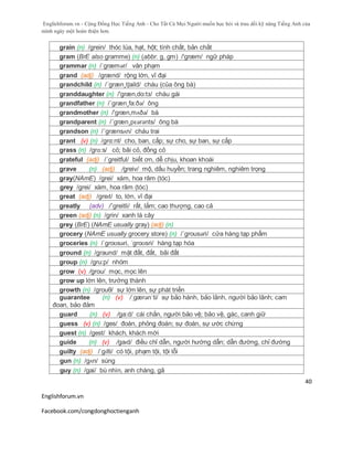 Englishforum.vn - Cộng Đồng Học Tiếng Anh - Cho Tất Cả Mọi Người muốn học hỏi và trau dồi kỹ năng Tiếng Anh của
mình ngày một hoàn thiện hơn.
Englishforum.vn
Facebook.com/congdonghoctienganh
40
grain (n) /grein/ thóc lúa, hạt, hột; tính chất, bản chất
gram (BrE also gramme) (n) (abbr. g, gm) /'græm/ ngữ pháp
grammar (n) /ˈgræmər/ văn phạm
grand (adj) /grænd/ rộng lớn, vĩ đại
grandchild (n) /´græn¸tʃaild/ cháu (của ông bà)
granddaughter (n) /'græn,do:tз/ cháu gái
grandfather (n) /´græn¸fa:ðə/ ông
grandmother (n) /'græn,mʌðə/ bà
grandparent (n) /´græn¸pɛərənts/ ông bà
grandson (n) /´grænsʌn/ cháu trai
grant (v) (n) /grα:nt/ cho, ban, cấp; sự cho, sự ban, sự cấp
grass (n) /grɑ:s/ cỏ; bãi cỏ, đồng cỏ
grateful (adj) /´greitful/ biết ơn, dễ chịu, khoan khoái
grave (n) (adj) /greiv/ mộ, dấu huyền; trang nghiêm, nghiêm trọng
gray(NAmE) /grei/ xám, hoa râm (tóc)
grey /grei/ xám, hoa râm (tóc)
great (adj) /greɪt/ to, lớn, vĩ đại
greatly (adv) /´greitli/ rất, lắm; cao thượng, cao cả
green (adj) (n) /grin/ xanh lá cây
grey (BrE) (NAmE usually gray) (adj) (n)
grocery (NAmE usually grocery store) (n) /´grousəri/ cửa hàng tạp phẩm
groceries (n) /ˈgroʊsəri, ˈgroʊsri/ hàng tạp hóa
ground (n) /graund/ mặt đất, đất, bãi đất
group (n) /gru:p/ nhóm
grow (v) /grou/ mọc, mọc lên
grow up lớn lên, trưởng thành
growth (n) /grouθ/ sự lớn lên, sự phát triển
guarantee (n) (v) /ˌgærənˈti/ sự bảo hành, bảo lãnh, người bảo lãnh; cam
đoan, bảo đảm
guard (n) (v) /ga:d/ cái chắn, người bảo vệ; bảo vệ, gác, canh giữ
guess (v) (n) /ges/ đoán, phỏng đoán; sự đoán, sự ước chừng
guest (n) /gest/ khách, khách mời
guide (n) (v) /gaɪd/ điều chỉ dẫn, người hướng dẫn; dẫn đường, chỉ đường
guilty (adj) /ˈgɪlti/ có tội, phạm tội, tội lỗi
gun (n) /gʌn/ súng
guy (n) /gai/ bù nhìn, anh chàng, gã
 