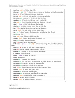 Englishforum.vn - Cộng Đồng Học Tiếng Anh - Cho Tất Cả Mọi Người muốn học hỏi và trau dồi kỹ năng Tiếng Anh của
mình ngày một hoàn thiện hơn.
Englishforum.vn
Facebook.com/congdonghoctienganh
46
infectious (adj) /in´fekʃəs/ lây, nhiễm
influence (n) (v) /ˈɪnfluəns/ sự ảnh hưởng, sự tác dụng; ảnh hưởng, tác động
inform (v) /in'fo:m/ báo cho biết, cung cấp tin tức
informal (adj) /in´fɔ:məl/ không chính thức, không nghi thức
information (n) /,infə'meinʃn/ tin tức, tài liệu, kiến thức
ingredient (n) /in'gri:diәnt/ phần hợp thành, thành phần
initial (adj) (n) /i'ni∫зl/ ban đầu, lúc đầu; chữ đầu (của 1 tên gọi)
initially (adv) /i´niʃəli/ vào lúc ban đầu, ban đầu
initiative (n) /ɪˈnɪʃiətɪv , ɪˈnɪʃətɪv/ bước đầu, sự khởi đầu
injure (v) /in'dӡә(r)/ làm tổn thương, làm hại, xúc phạm
injured (adj) /´indʒə:d/ bị tổn thương, bị xúc phạm
injury (n) /'indʤəri/ sự làm tổn thương, làm hại; điều hại, điều tổn hại
ink (n) /iηk/ mực
inner (adj) /'inə/ ở trong, nội bộ; thân cận
innocent (adj) /'inəsnt/ vô tội, trong trắng, ngây thơ
insect (n) /'insekt/ sâu bọ, côn trùng
insert (v) /'insə:t/ chèn vào, lồng vào
inside prep., (adv)., (n) (adj) /'in'said/ mặt trong, phía, phần trong; ở trong,
nội bộ
insist (on) (v) /in'sist/ cứ nhất định, cứ khăng khăng
install (v) /in'stɔ:l/ đặt (hệ thống máy móc, thiết bị...)
instance (n) /'instəns/ thí dị, ví dụ; trường hợp cá biệt
for instance ví dụ chẳng hạn
instead (adv) /in'sted/ để thay thế
instead of thay cho
institute (n) /ˈ´institju:t/ viện, học viện
institution (n) /UK ,insti'tju:ʃn ; US ,insti'tu:ʃn/ sự thành lập, lập; cơ quan, trụ sở
instruction (n) /ɪn'strʌkʃn/ sự dạy, tài liệu cung cấp
instrument (n) /'instrumənt/ dụng cụ âm nhạc khí
insult (v) (n) /'insʌlt/ lăng mạ, xỉ nhục; lời lăng mạ, sự xỉ nhục
insulting (adj) /in´sʌltiη/ lăng mạ, xỉ nhục
insurance (n) /in'ʃuərəns/ sự bảo hiểm
intelligence (n) /in'telidʒəns/ sự hiểu biết, trí thông minh
intelligent (adj) /in,teli'dЗen∫зl/ thông minh, sáng trí
intend (v) /in'tend/ ý định, có ý định
intended (adj) /in´tendid/ có ý định, có dụng ý
 