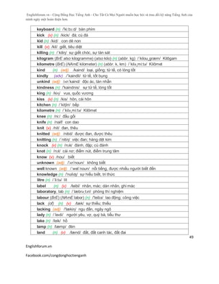 Englishforum.vn - Cộng Đồng Học Tiếng Anh - Cho Tất Cả Mọi Người muốn học hỏi và trau dồi kỹ năng Tiếng Anh của
mình ngày một hoàn thiện hơn.
Englishforum.vn
Facebook.com/congdonghoctienganh
49
keyboard (n) /'ki:bɔ:d/ bàn phím
kick (v) (n) /kick/ đá; cú đá
kid (n) /kid/ con dê non
kill (v) /kil/ giết, tiêu diệt
killing (n) /´kiliη/ sự giết chóc, sự tàn sát
kilogram (BrE also kilogramme) (also kilo) (n) (abbr. kg) /´kilou¸græm/ Kilôgam
kilometre (BrE) (NAmE kilometer) (n) (abbr. k, km) /´kilə¸mi:tə/ Kilômet
kind (n) (adj) /kaind/ loại, giống; tử tế, có lòng tốt
kindly (adv) /´kaindli/ tử tế, tốt bụng
unkind (adj) /ʌn´kaind/ độc ác, tàn nhẫn
kindness (n) /'kaindnis/ sự tử tế, lòng tốt
king (n) /kiɳ/ vua, quốc vương
kiss (v) (n) /kis/ hôn, cái hôn
kitchen (n) /´kitʃin/ bếp
kilometre (n) /´kilə¸mi:tə/ Kilômet
knee (n) /ni:/ đầu gối
knife (n) /naif/ con dao
knit (v) /nit/ đan, thêu
knitted (adj) /nitid/ được đan, được thêu
knitting (n) /´nitiη/ việc đan; hàng dệt kim
knock (v) (n) /nɔk/ đánh, đập; cú đánh
knot (n) /nɔt/ cái nơ; điểm nút, điểm trung tâm
know (v) /nou/ biết
unknown (adj) /'ʌn'noun/ không biết
well known (adj) /´wel´noun/ nổi tiếng, được nhiều người biết đến
knowledge (n) /'nɒliʤ/ sự hiểu biết, tri thức
litre (n) /´li:tə/ lít
label (n) (v) /leibl/ nhãn, mác; dán nhãn, ghi mác
laboratory, lab (n) /ˈlæbrəˌtɔri/ phòng thí nghiệm
labour (BrE) (NAmE labor) (n) /'leibз/ lao động; công việc
lack (of) (n) (v) /læk/ sự thiếu; thiếu
lacking (adj) /'lækiη/ ngu đần, ngây ngô
lady (n) /ˈleɪdi/ người yêu, vợ, quý bà, tiểu thư
lake (n) /leik/ hồ
lamp (n) /læmp/ đèn
land (n) (v) /lænd/ đất, đất canh tác, đất đai
 