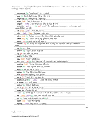 Englishforum.vn - Cộng Đồng Học Tiếng Anh - Cho Tất Cả Mọi Người muốn học hỏi và trau dồi kỹ năng Tiếng Anh của
mình ngày một hoàn thiện hơn.
Englishforum.vn
Facebook.com/congdonghoctienganh
50
landscape (n) /'lændskeip/ phong cảnh
lane (n) /lein/ đường nhỏ (làng, hẻm phố)
language (n) /ˈlæŋgwɪdʒ/ ngôn ngữ
large (adj) /la:dʒ/ rộng, lớn, to
largely (adv) /´la:dʒli/ phong phú, ở mức độ lớn
last det., (adv)., (n) (v) /lɑ:st/ lầm cuối, sau cùng; người cuối cùng; cuối
cùng, rốt hết; kéo dài
late (adj) (adv) /leit/ trễ, muộn
later (adv)., (adj) /leɪtə(r)/ chậm hơn
latest (adj) (n) /leitist/ muộn nhất, chậm nhất, gần đây nhất
latter (adj) (n) /´lætə/ sau cùng, gần đây, mới đây
laugh (v) (n) /lɑ:f/ cười; tiếng cười
launch (v) (n) /lɔ:ntʃ/ hạ thủy (tàu); khai trương; sự hạ thủy, buổi giới thiệu sản
phầm
law (n) /lo:/ luật
lawyer (n) /ˈlɔyər , ˈlɔɪər/ luật sư
lay (v) /lei/ xếp, đặt, bố trí
layer (n) /'leiə/ lớp
lazy (adj) /'leizi/ lười biếng
lead /li:d/ (v) (n) lãnh đạo, dẫn dắt; sự lãnh đạo, sự hướng dẫn
leading (adj) /´li:diη/ lãnh đạo, dẫn đầu
leader (n) /´li:də/ người lãnh đạo, lãnh tụ
leaf (n) /li:f/ lá cây, lá (vàng...)
league (n) /li:g/ liên minh, liên hoàn
lean (v) /li:n/ nghiêng, dựa, ỷ vào
learn (v) / lə:n/ học, nghiên cứu
least det., pro(n) (adv) /li:st/ tối thiểu; ít nhất
at least ít ra, ít nhất, chí ít
leather (n) /'leðə/ da thuộc
leave (v) /li:v/ bỏ đi, rời đi, để lại
leave out bỏ quên, bỏ sót
lecture (n) /'lekt∫ә(r)/ bài diễn thuyết, bài thuyết trình, bài nói chuyện
left (adj) (adv) (n) /left/ bên trái; về phía trái
leg (n) /´leg/ chân (người, thú, bà(n)..)
legal (adj) /ˈligəl/ hợp pháp
legally (adv) /'li:gзlizm/ hợp pháp
 