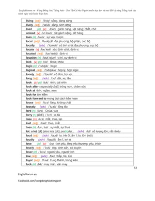 Englishforum.vn - Cộng Đồng Học Tiếng Anh - Cho Tất Cả Mọi Người muốn học hỏi và trau dồi kỹ năng Tiếng Anh của
mình ngày một hoàn thiện hơn.
Englishforum.vn
Facebook.com/congdonghoctienganh
52
living (adj) /'liviŋ/ sống, đang sống
lively (adj) /'laivli/ sống, sinh động
load (n) (v) /loud/ gánh nặng, vật nặng; chất, chở
unload (v) /ʌn´loud/ cất gánh nặng, dỡ hàng
loan (n) /ləʊn/ sự vay mượn
local (adj) /'ləʊk(ə)l/ địa phương, bộ phận, cục bộ
locally (adv) /ˈloʊkəli/ có tính chất địa phương, cục bộ
locate (v) /loʊˈkeɪt/ xác định vị trí, định vị
located (adj) /loʊˈkeɪtid/ định vị
location (n) /louk´eiʃən/ vị trí, sự định vị
lock (v) (n) /lɔk/ khóa; khóa
logic (n) /'lɔdʤik/ lô gic
logical (adj) /'lɔdʤikəl/ hợp lý, hợp logic
lonely (adj) /´lounli/ cô đơn, bơ vơ
long (adj) (adv) /lɔɳ/ dài, xa; lâu
look (v) (n) /luk/ nhìn; cái nhìn
look after (especially BrE) trông nom, chăm sóc
look at nhìn, ngắm, xem
look for tìm kiếm
look forward to mong đợi cách hân hoan
loose (adj) /lu:s/ lỏng, không chặt
loosely (adv) /´lu:sli/ lỏng lẻo
lord (n) /lɔrd/ Chúa, vua
lorry (n) (BrE) /´lɔ:ri/ xe tải
lose (v) /lu:z/ mất, thua, lạc
lost (adj) /lost/ thua, mất
loss (n) /lɔs , lɒs/ sự mất, sự thua
lot: a lot (of) (also lots (of)) pro(n)det., (adv) /lɒt/ số lượng lớn; rất nhiều
loud (adj) (adv) /laud/ to, inh ỏi, ầm ĩ; to, lớn (nói)
loudly (adv) /'laudili/ ầm ĩ, inh ỏi
love (n) (v) /lʌv/ tình yêu, lòng yêu thương; yêu, thích
lovely (adj) /ˈlʌvli/ đẹp, xinh xắn, có duyên
lover (n) /´lʌvə/ người yêu, người tình
low (adj) (adv) /lou/ thấp, bé, lùn
loyal (adj) /'lɔiəl/ trung thành, trung kiên
luck (n) /lʌk/ may mắn, vận may
 