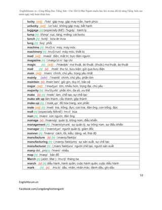 Englishforum.vn - Cộng Đồng Học Tiếng Anh - Cho Tất Cả Mọi Người muốn học hỏi và trau dồi kỹ năng Tiếng Anh của
mình ngày một hoàn thiện hơn.
Englishforum.vn
Facebook.com/congdonghoctienganh
53
lucky (adj) /'lʌki/ gặp may, gặp may mắn, hạnh phúc
unlucky (adj) /ʌn´lʌki/ không gặp may, bất hạnh
luggage (n) (especially BrE) /'lʌgiʤ/ hành lý
lump (n) /lΛmp/ cục, tảng, miếng; cái bướu
lunch (n) /lʌntʃ/ bữa ăn trưa
lung (n) /lʌη/ phổi
machine (n) /mə'ʃi:n/ máy, máy móc
machinery (n) /mə'ʃi:nəri/ máy móc, thiết bị
mad (adj) /mæd/ điên, mất trí; bực điên người
magazine (n) /,mægə'zi:n/ tạp chí
magic (n) (adj) /'mæʤik/ ma thuật, ảo thuật; (thuộc) ma thuật, ảo thuật
mail (n) (v) /meil/ thư từ, bưu kiện; gửi qua bưu điện
main (adj) /mein/ chính, chủ yếu, trọng yếu nhất
mainly (adv) /´meinli/ chính, chủ yếu, phần lớn
maintain (v) /mein´tein/ giữ gìn, duy trì, bảo vệ
major (adj) /ˈmeɪdʒər/ lớn, nhiều hơn, trọng đại, chủ yếu
majority (n) /mə'dʒɔriti/ phần lớn, đa số, ưu thế
make (v) (n) /meik/ làm, chế tạo; sự chế tạo
make sth up làm thành, cấu thành, gộp thành
make-up (n) /´meik¸ʌp/ đồ hóa trang, son phấn
male (adj) (n) /meil/ trai, trống, đực; con trai, đàn ông, con trống, đực
mall (n) (especially NAmE) /mɔ:l/ búa
man (n) /mæn/ con người; đàn ông
manage (v) /'mæniʤ/ quản lý, trông nom, điều khiển
management (n) /'mænidʒmənt/ sự quản lý, sự trông nom, sự điều khiển
manager (n) /ˈmænɪdʒər/ người quản lý, giám đốc
manner (n) /'mænз/ cách, lối, kiểu; dáng, vẻ, thái độ
manufacture (v) (n) /,mænju'fæktʃə/
manufacturing (n) /¸mænju´fæktʃəriη/ sự sản xuất, sự chế tạo
manufacturer (n) /¸mæni´fæktʃərə/ người chế tạo, người sản xuất
many det., pro(n) /'meni/ nhiều
map (n) /mæp/ bản đồ
March (n) (abbr. Mar.) /mɑ:tʃ/ tháng ba
march (v) (n) diễu hành, hành quân; cuộc hành quân, cuộc diễu hành
mark (n) (v) /mɑ:k/ dấu, nhãn, nhãn mác; đánh dấu, ghi dấu
 