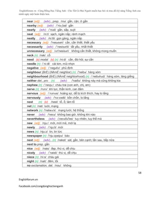 Englishforum.vn - Cộng Đồng Học Tiếng Anh - Cho Tất Cả Mọi Người muốn học hỏi và trau dồi kỹ năng Tiếng Anh của
mình ngày một hoàn thiện hơn.
Englishforum.vn
Facebook.com/congdonghoctienganh
58
near (adj) (adv)., prep. /niə/ gần, cận; ở gần
nearby (adj) (adv) /´niə¸bai/ gần
nearly (adv) /´niəli/ gần, sắp, suýt
neat (adj) /ni:t/ sạch, ngăn nắp; rành mạch
neatly (adv) /ni:tli/ gọn gàng, ngăn nắp
necessary (adj) /'nesəseri/ cần, cần thiết, thiết yếu
necessarily (adv) /´nesisərili/ tất yếu, nhất thiết
unnecessary (adj) /ʌn'nesisəri/ không cần thiết, không mong muốn
neck (n) /nek/ cổ
need (v) modal (v) (n) /ni:d/ cần, đòi hỏi; sự cần
needle (n) /´ni:dl/ cái kim, mũi nhọn
negative (adj) /´negətiv/ phủ định
neighbour (BrE) (NAmE neighbor) (n) /'neibə/ hàng xóm
neighbourhood (BrE) (NAmE neighborhood) (n) /´neibəhud/ hàng xóm, làng giềng
neither det., pro (n) (adv) /'naiðə/ không này mà cũng không kia
nephew (n) /´nevju:/ cháu trai (con anh, chị, em)
nerve (n) /nɜrv/ khí lực, thần kinh, can đảm
nervous (adj) /ˈnɜrvəs/ hoảng sợ, dễ bị kích thích, hay lo lắng
nervously (adv) /'nз:vзstli/ bồn chồn, lo lắng
nest (n) (v) /nest/ tổ, ổ; làm tổ
net (n) /net/ lưới, mạng
network (n) /'netwə:k/ mạng lưới, hệ thống
never (adv) /'nevə/ không bao giờ, không khi nào
nevertheless (adv) /,nevəðə'les/ tuy nhiên, tuy thế mà
new (adj) /nju:/ mới, mới mẻ, mới lạ
newly (adv) /´nju:li/ mới
news (n) /nju:z/ tin, tin tức
newspaper (n) /'nju:zpeipə/ báo
next (adj) (adv)., (n) /nekst/ sát, gần, bên cạnh; lần sau, tiếp nữa
next to prep. gần
nice (adj) /nais/ đẹp, thú vị, dễ chịu
nicely (adv) /´naisli/ thú vị, dễ chịu
niece (n) /ni:s/ cháu gái
night (n) /nait/ đêm, tối
no exclamation, det. /nou/ không
 