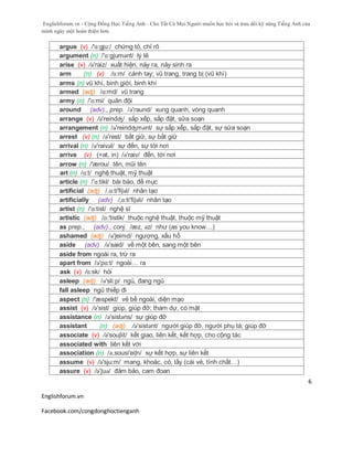 Englishforum.vn - Cộng Đồng Học Tiếng Anh - Cho Tất Cả Mọi Người muốn học hỏi và trau dồi kỹ năng Tiếng Anh của
mình ngày một hoàn thiện hơn.
Englishforum.vn
Facebook.com/congdonghoctienganh
6
argue (v) /'ɑ:gju:/ chứng tỏ, chỉ rõ
argument (n) /'ɑ:gjumənt/ lý lẽ
arise (v) /ə'raiz/ xuất hiện, nảy ra, nảy sinh ra
arm (n) (v) /ɑ:m/ cánh tay; vũ trang, trang bị (vũ khí)
arms (n) vũ khí, binh giới, binh khí
armed (adj) /ɑ:md/ vũ trang
army (n) /'ɑ:mi/ quân đội
around (adv)., prep. /ə'raund/ xung quanh, vòng quanh
arrange (v) /ə'reindʤ/ sắp xếp, sắp đặt, sửa soạn
arrangement (n) /ə'reindʤmənt/ sự sắp xếp, sắp đặt, sự sửa soạn
arrest (v) (n) /ə'rest/ bắt giữ, sự bắt giữ
arrival (n) /ə'raivəl/ sự đến, sự tới nơi
arrive (v) (+at, in) /ə'raiv/ đến, tới nơi
arrow (n) /'ærou/ tên, mũi tên
art (n) /ɑ:t/ nghệ thuật, mỹ thuật
article (n) /'ɑ:tikl/ bài báo, đề mục
artificial (adj) /,ɑ:ti'fiʃəl/ nhân tạo
artificially (adv) /,ɑ:ti'fiʃəli/ nhân tạo
artist (n) /'ɑ:tist/ nghệ sĩ
artistic (adj) /ɑ:'tistik/ thuộc nghệ thuật, thuộc mỹ thuật
as prep., (adv)., conj. /æz, əz/ như (as you know…)
ashamed (adj) /ə'ʃeimd/ ngượng, xấu hổ
aside (adv) /ə'said/ về một bên, sang một bên
aside from ngoài ra, trừ ra
apart from /ə'pɑ:t/ ngoài… ra
ask (v) /ɑ:sk/ hỏi
asleep (adj) /ə'sli:p/ ngủ, đang ngủ
fall asleep ngủ thiếp đi
aspect (n) /'æspekt/ vẻ bề ngoài, diện mạo
assist (v) /ə'sist/ giúp, giúp đỡ; tham dự, có mặt
assistance (n) /ə'sistəns/ sự giúp đỡ
assistant (n) (adj) /ə'sistənt/ người giúp đỡ, người phụ tá; giúp đỡ
associate (v) /ə'souʃiit/ kết giao, liên kết, kết hợp, cho cộng tác
associated with liên kết với
association (n) /ə,sousi'eiʃn/ sự kết hợp, sự liên kết
assume (v) /ə'sju:m/ mang, khoác, có, lấy (cái vẻ, tính chất…)
assure (v) /ə'ʃuə/ đảm bảo, cam đoan
 