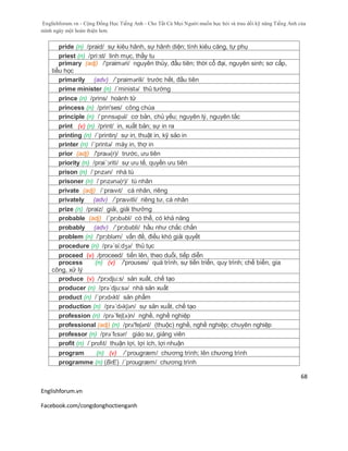 Englishforum.vn - Cộng Đồng Học Tiếng Anh - Cho Tất Cả Mọi Người muốn học hỏi và trau dồi kỹ năng Tiếng Anh của
mình ngày một hoàn thiện hơn.
Englishforum.vn
Facebook.com/congdonghoctienganh
68
pride (n) /praid/ sự kiêu hãnh, sự hãnh diện; tính kiêu căng, tự phụ
priest (n) /pri:st/ linh mục, thầy tu
primary (adj) /'praiməri/ nguyên thủy, đầu tiên; thời cổ đại, nguyên sinh; sơ cấp,
tiểu học
primarily (adv) /´praimərili/ trước hết, đầu tiên
prime minister (n) /´ministə/ thủ tướng
prince (n) /prins/ hoành tử
princess (n) /prin'ses/ công chúa
principle (n) /ˈprɪnsəpəl/ cơ bản, chủ yếu; nguyên lý, nguyên tắc
print (v) (n) /print/ in, xuất bản; sự in ra
printing (n) /´printiη/ sự in, thuật in, kỹ sảo in
printer (n) /´printə/ máy in, thợ in
prior (adj) /'praɪə(r)/ trước, ưu tiên
priority (n) /prai´ɔriti/ sự ưu tế, quyền ưu tiên
prison (n) /ˈprɪzən/ nhà tù
prisoner (n) /ˈprɪzənə(r)/ tù nhân
private (adj) /ˈpraɪvɪt/ cá nhân, riêng
privately (adv) /ˈpraɪvɪtli/ riêng tư, cá nhân
prize (n) /praiz/ giải, giải thưởng
probable (adj) /´prɔbəbl/ có thể, có khả năng
probably (adv) /´prɔbəbli/ hầu như chắc chắn
problem (n) /'prɔbləm/ vấn đề, điều khó giải quyết
procedure (n) /prə´si:dʒə/ thủ tục
proceed (v) /proceed/ tiến lên, theo duổi, tiếp diễn
process (n) (v) /'prouses/ quá trình, sự tiến triển, quy trình; chế biến, gia
công, xử lý
produce (v) /'prɔdju:s/ sản xuất, chế tạo
producer (n) /prə´dju:sə/ nhà sản xuất
product (n) /´prɔdʌkt/ sản phẩm
production (n) /prə´dʌkʃən/ sự sản xuất, chế tạo
profession (n) /prə´feʃ(ə)n/ nghề, nghề nghiệp
professional (adj) (n) /prə'feʃənl/ (thuộc) nghề, nghề nghiệp; chuyên nghiệp
professor (n) /prəˈfɛsər/ giáo sư, giảng viên
profit (n) /ˈprɒfɪt/ thuận lợi, lợi ích, lợi nhuận
program (n) (v) /´prougræm/ chương trình; lên chương trình
programme (n) (BrE) /´prougræm/ chương trình
 