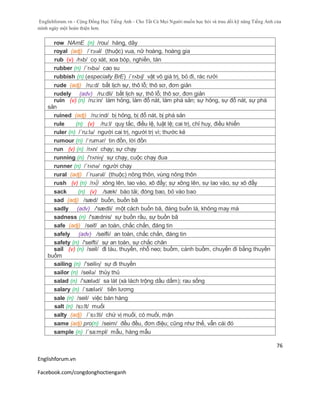 Englishforum.vn - Cộng Đồng Học Tiếng Anh - Cho Tất Cả Mọi Người muốn học hỏi và trau dồi kỹ năng Tiếng Anh của
mình ngày một hoàn thiện hơn.
Englishforum.vn
Facebook.com/congdonghoctienganh
76
row NAmE (n) /rou/ hàng, dãy
royal (adj) /ˈrɔɪəl/ (thuộc) vua, nữ hoàng, hoàng gia
rub (v) /rʌb/ cọ xát, xoa bóp, nghiền, tán
rubber (n) /´rʌbə/ cao su
rubbish (n) (especially BrE) /ˈrʌbɪʃ/ vật vô giá trị, bỏ đi, rác rưởi
rude (adj) /ru:d/ bất lịch sự, thô lỗ; thô sơ, đơn giản
rudely (adv) /ru:dli/ bất lịch sự, thô lỗ; thô sơ, đơn giản
ruin (v) (n) /ru:in/ làm hỏng, làm đổ nát, làm phá sản; sự hỏng, sự đổ nát, sự phá
sản
ruined (adj) /ru:ind/ bị hỏng, bị đổ nát, bị phá sản
rule (n) (v) /ru:l/ quy tắc, điều lệ, luật lệ; cai trị, chỉ huy, điều khiển
ruler (n) /´ru:lə/ người cai trị, người trị vì; thước kẻ
rumour (n) /ˈrumər/ tin đồn, lời đồn
run (v) (n) /rʌn/ chạy; sự chạy
running (n) /'rʌniɳ/ sự chạy, cuộc chạy đua
runner (n) /´rʌnə/ người chạy
rural (adj) /´ruərəl/ (thuộc) nông thôn, vùng nông thôn
rush (v) (n) /rʌ∫/ xông lên, lao vào, xô đẩy; sự xông lên, sự lao vào, sự xô đẩy
sack (n) (v) /sæk/ bào tải; đóng bao, bỏ vào bao
sad (adj) /sæd/ buồn, buồn bã
sadly (adv) /'sædli/ một cách buồn bã, đáng buồn là, không may mà
sadness (n) /'sædnis/ sự buồn rầu, sự buồn bã
safe (adj) /seif/ an toàn, chắc chắn, đáng tin
safely (adv) /seifli/ an toàn, chắc chắn, đáng tin
safety (n) /'seifti/ sự an toàn, sự chắc chăn
sail (v) (n) /seil/ đi tàu, thuyền, nhổ neo; buồm, cánh buồm, chuyến đi bằng thuyền
buồm
sailing (n) /'seiliɳ/ sự đi thuyền
sailor (n) /seilə/ thủy thủ
salad (n) /'sæləd/ sa lát (xà lách trộng dầu dấm); rau sống
salary (n) /ˈsæləri/ tiền lương
sale (n) /seil/ việc bán hàng
salt (n) /sɔ:lt/ muối
salty (adj) /´sɔ:lti/ chứ vị muối, có muối, mặn
same (adj) pro(n) /seim/ đều đều, đơn điệu; cũng như thế, vẫn cái đó
sample (n) /´sa:mpl/ mẫu, hàng mẫu
 