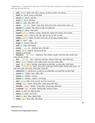 Englishforum.vn - Cộng Đồng Học Tiếng Anh - Cho Tất Cả Mọi Người muốn học hỏi và trau dồi kỹ năng Tiếng Anh của
mình ngày một hoàn thiện hơn.
Englishforum.vn
Facebook.com/congdonghoctienganh
84
split (v) (n) /split/ chẻ, tách, chia ra; sự chẻ, sự tách, sự chia ra
spoil (v) /spɔil/ cướp, cướp đọat
spoon (n) /spu:n/ cái thìa
sport (n) /spɔ:t/ thể thao
spot (n) /spɔt/ dấu, đốm, vết
spray (n) (v) /spreɪ/ máy, ống, bình phụt, bơm, phun; bơm, phun, xịt
spread (v) /spred/ trải, căng ra, bày ra; truyền bá
spring (n) /sprɪŋ/ mùa xuân
square (adj) (n) /skweə/ vuông, vuông vắn; dạng hình vuông, hình vuông
squeeze (v) (n) /skwi:z/ ép, vắt, xiết; sự ép, sự vắt, sự xiết
stable (adj) (n) /steibl/ ổn định, bình tĩnh, vững vàng; chuồng ngưa
staff (n) /sta:f / gậy
stage (n) /steɪdʒ/ tầng, bệ
stair (n) /steə/ bậc thang
stamp (n) (v) /stæmp/ tem; dán tem
stand (v) (n) /stænd/ đứng, sự đứng
stand up đứng đậy
standard (n) (adj) /'stændəd/ tiêu chuẩn, chuẩn, mãu; làm tiêu chuẩn, phù
hợp với tiêu chuẩn
star (n) (v) /stɑ:/ ngôi sao, dán sao, trang trí hình sao, đánh dấu sao
stare (v) (n) /'steә(r)/ nhìm chằm chằm; sự nhìn chằm chằm
start (v) (n) /stɑ:t/ bắt đầu, khởi động; sự bắt đầu, sự khởi đầu, khởi hành
state (n)(adj) (v) /steit/ nhà nước, quốc gia, chính quyền; (thuộc) nhà nước, có
liên quan đến nhà nước; phát biểu, tuyên bố
statement (n) /'steitmənt/ sự bày tỏ, sự phát biểu; sự tuyên bố, sự trình bày
station (n) /'steiʃn/ trạm, điểm, đồn
statue (n) /'stæt∫u:/ tượng
status (n) /ˈsteɪtəs , ˈstætəs/ tình trạng
stay (v) (n) /stei/ ở lại, lưu lại; sự ở lại, sự lưu lại
steady (adj) /'stedi/ vững chắc, vững vàng, kiến định
steadily (adv) /'stedili/ vững chắc, vững vàng, kiên định
unsteady (adj) /ʌn´stedi/ không chắc, không ổn định
steal (v) /sti:l/ ăn cắp, ăn trộm
steam (n) /stim/ hơi nước
steel (n) /sti:l/ thép, ngành thép
steep (adj) /sti:p/ dốc, dốc đứng
 