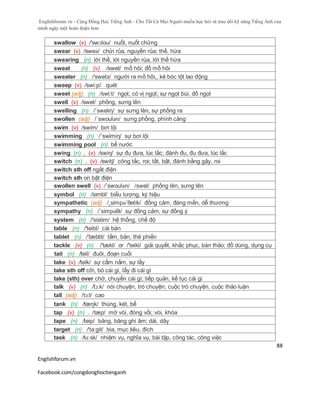 Englishforum.vn - Cộng Đồng Học Tiếng Anh - Cho Tất Cả Mọi Người muốn học hỏi và trau dồi kỹ năng Tiếng Anh của
mình ngày một hoàn thiện hơn.
Englishforum.vn
Facebook.com/congdonghoctienganh
88
swallow (v) /'swɔlou/ nuốt, nuốt chửng
swear (v) /sweə/ chửi rủa, nguyền rủa; thề, hứa
swearing (n) lời thề, lời nguyền rủa, lời thề hứa
sweat (n) (v) /swet/ mồ hôi; đổ mồ hôi
sweater (n) /'swetз/ người ra mồ hôi,, kẻ bóc lột lao động
sweep (v) /swi:p/ quét
sweet (adj) (n) /swi:t/ ngọt, có vị ngọt; sự ngọt bùi, đồ ngọt
swell (v) /swel/ phồng, sưng lên
swelling (n) /´sweliη/ sự sưng lên, sự phồng ra
swollen (adj) /´swoulən/ sưng phồng, phình căng
swim (v) /swim/ bơi lội
swimming (n) /´swimiη/ sự bơi lội
swimming pool (n) bể nước
swing (n) , (v) /swiŋ/ sự đu đưa, lúc lắc; đánh đu, đu đưa, lúc lắc
switch (n) , (v) /switʃ/ công tắc, roi; tắt, bật, đánh bằng gậy, roi
switch sth off ngắt điện
switch sth on bật điện
swollen swell (v) /´swoulən/ /swel/ phồng lên, sưng lên
symbol (n) /simbl/ biểu tượng, ký hiệu
sympathetic (adj) /¸simpə´θetik/ đồng cảm, đáng mến, dễ thương
sympathy (n) /´simpəθi/ sự đồng cảm, sự đồng ý
system (n) /'sistim/ hệ thống, chế độ
table (n) /'teibl/ cái bàn
tablet (n) /'tæblit/ tấm, bản, thẻ phiến
tackle (v) (n) /'tækl/ or /'teikl/ giải quyết, khắc phục, bàn thảo; đồ dùng, dụng cụ
tail (n) /teil/ đuôi, đoạn cuối
take (v) /teik/ sự cầm nắm, sự lấy
take sth off cởi, bỏ cái gì, lấy đi cái gì
take (sth) over chở, chuyển cái gì; tiếp quản, kế tục cái gì
talk (v) (n) /tɔ:k/ nói chuyện, trò chuyện; cuộc trò chuyện, cuộc thảo luận
tall (adj) /tɔ:l/ cao
tank (n) /tæŋk/ thùng, két, bể
tap (v) (n) . /tæp/ mở vòi, đóng vồi; vòi, khóa
tape (n) /teip/ băng, băng ghi âm; dải, dây
target (n) /'ta:git/ bia, mục tiêu, đích
task (n) /tɑːsk/ nhiệm vụ, nghĩa vụ, bài tập, công tác, công việc
 