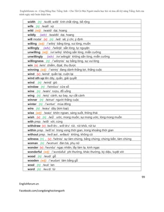 Englishforum.vn - Cộng Đồng Học Tiếng Anh - Cho Tất Cả Mọi Người muốn học hỏi và trau dồi kỹ năng Tiếng Anh của
mình ngày một hoàn thiện hơn.
Englishforum.vn
Facebook.com/congdonghoctienganh
99
width (n) /wɪdθ; wɪtθ/ tính chất rộng, bề rộng
wife (n) /waif/ vợ
wild (adj) /waɪld/ dại, hoang
wildly (adv) /waɪldli/ dại, hoang
will modal (v) (n) /wil/ sẽ; ý chí, ý định
willing (adj) /´wiliη/ bằng lòng, vui lòng, muốn
willingly (adv) /'wiliηli/ sẵn lòng, tự nguyện
unwilling (adj) /ʌn´wiliη/ không sẵn lòng, miễn cưỡng
unwillingly (adv) /ʌn´wiliηgli/ không sẵn lòng, miễn cưỡng
willingness (n) /´wiliηnis/ sự bằng lòng, sự vui lòng
win (v) /win/ chiếm, đọat, thu được
winning (adj) /´winiη/ đang dành thắng lợi, thắng cuộc
wind (v) /wind/ quấn lại, cuộn lại
wind sth up lên dây, quấn, giải quyết
wind (n) /wind/ gió
window (n) /'windəʊ/ cửa sổ
wine (n) /wain/ rượu, đồ uống
wing (n) /wiη/ cánh, sự bay, sự cất cánh
winner (n) /winər/ người thắng cuộc
winter (n) /ˈwɪntər/ mùa đông
wire (n) /waiə/ dây (kim loại)
wise (adj) /waiz/ khôn ngoan, sáng suốt, thông thái
wish (v) (n) /wi∫/ ước, mong muốn; sự mong ước, lòng mong muốn
with prep. /wið/ với, cùng
withdraw (v) /wɪðˈdrɔ , wɪθˈdrɔ/ rút, rút khỏi, rút lui
within prep. /wið´in/ trong vong thời gian, trong khoảng thời gian
without prep. /wɪðˈaʊt , wɪθaʊt/ không, không có
witness (n) , (v) /'witnis/ sự làm chứng, bằng chứng; chứng kiến, làm chứng
woman (n) /'wʊmən/ đàn bà, phụ nữ
wonder (v) /'wʌndə/ ngạc nhiên, lấy làm lạ, kinh ngạc
wonderful (adj) /´wʌndəful/ phi thường, khác thường, kỳ diệu, tuyệt vời
wood (n) /wud/ gỗ
wooden (adj) /´wudən/ làm bằng gỗ
wool (n) /wul/ len
word (n) /wə:d/ từ
 