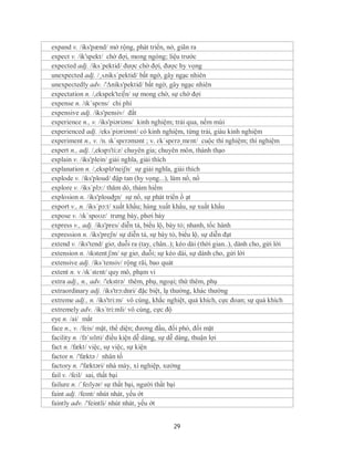expand v. /iks'pænd/ mở rộng, phát triển, nở, giãn ra
expect v. /ik'spekt/ chờ đợi, mong ngóng; liệu trước
expected adj. /iks´pektid/ được chờ đợi, được hy vọng
unexpected adj. /¸ʌniks´pektid/ bất ngờ, gây ngạc nhiên
unexpectedly adv. /'Δniks'pektid/ bất ngờ, gây ngạc nhiên
expectation n. /,ekspek'tei∫n/ sự mong chờ, sự chờ đợi
expense n. /ɪkˈspɛns/ chi phí
expensive adj. /iks'pensiv/ đắt
experience n., v. /iks'piəriəns/ kinh nghiệm; trải qua, nếm mùi
experienced adj. /eks´piəriənst/ có kinh nghiệm, từng trải, giàu kinh nghiệm
experiment n., v. /n. ɪkˈspɛrəmənt ; v. ɛkˈspɛrəˌmɛnt/ cuộc thí nghiệm; thí nghiệm
expert n., adj. /,ekspз'ti:z/ chuyên gia; chuyên môn, thành thạo
explain v. /iks'plein/ giải nghĩa, giải thích
explanation n. /,eksplə'neiʃn/ sự giải nghĩa, giải thích
explode v. /iks'ploud/ đập tan (hy vọng...), làm nổ, nổ
explore v. /iks´plɔ:/ thăm dò, thám hiểm
explosion n. /iks'plouʤn/ sự nổ, sự phát triển ồ ạt
export v., n. /iks´pɔ:t/ xuất khẩu; hàng xuất khẩu, sự xuất khẩu
expose v. /ɪkˈspoʊz/ trưng bày, phơi bày
express v., adj. /iks'pres/ diễn tả, biểu lộ, bày tỏ; nhanh, tốc hành
expression n. /iks'preʃn/ sự diễn tả, sự bày tỏ, biểu lộ, sự diễn đạt
extend v. /iks'tend/ giơ, duỗi ra (tay, chân..); kéo dài (thời gian..), dành cho, gửi lời
extension n. /ɪkstent ʃən/ sự giơ, duỗi; sự kéo dài, sự dành cho, gửi lời
extensive adj. /iks´tensiv/ rộng rãi, bao quát
extent n. v /ɪkˈstɛnt/ quy mô, phạm vi
extra adj., n., adv. /'ekstrə/ thêm, phụ, ngoại; thứ thêm, phụ
extraordinary adj. /iks'trɔ:dnri/ đặc biệt, lạ thường, khác thường
extreme adj., n. /iks'tri:m/ vô cùng, khắc nghiệt, quá khích, cực đoan; sự quá khích
extremely adv. /iks´tri:mli/ vô cùng, cực độ
eye n. /ai/ mắt
face n., v. /feis/ mặt, thể diện; đương đầu, đối phó, đối mặt
facility n. /fəˈsɪlɪti/ điều kiện dễ dàng, sự dễ dàng, thuận lợi
fact n. /fækt/ việc, sự việc, sự kiện
factor n. /'fæktə / nhân tố
factory n. /'fæktəri/ nhà máy, xí nghiệp, xưởng
fail v. /feil/ sai, thất bại
failure n. /ˈfeɪlyər/ sự thất bại, người thất bại
faint adj. /feɪnt/ nhút nhát, yếu ớt
faintly adv. /'feintli/ nhút nhát, yếu ớt


                                               29
 