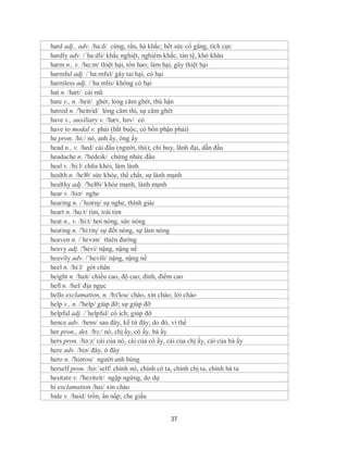 hard adj., adv. /ha:d/ cứng, rắn, hà khắc; hết sức cố gắng, tích cực
hardly adv. /´ha:dli/ khắc nghiệt, nghiêm khắc, tàn tệ, khó khăn
harm n., v. /hɑ:m/ thiệt hại, tổn hao; làm hại, gây thiệt hại
harmful adj. /´ha:mful/ gây tai hại, có hại
harmless adj. /´ha:mlis/ không có hại
hat n. /hæt/ cái mũ
hate v., n. /heit/ ghét; lòng căm ghét, thù hận
hatred n. /'heitrid/ lòng căm thì, sự căm ghét
have v., auxiliary v. /hæv, həv/ có
have to modal v. phải (bắt buộc, có bổn phận phải)
he pron. /hi:/ nó, anh ấy, ông ấy
head n., v. /hed/ cái đầu (người, thú); chỉ huy, lãnh đại, dẫn đầu
headache n. /'hedeik/ chứng nhức đầu
heal v. /hi:l/ chữa khỏi, làm lành
health n. /hɛlθ/ sức khỏe, thể chất, sự lành mạnh
healthy adj. /'helθi/ khỏe mạnh, lành mạnh
hear v. /hiə/ nghe
hearing n. /ˈhɪərɪŋ/ sự nghe, thính giác
heart n. /hɑ:t/ tim, trái tim
heat n., v. /hi:t/ hơi nóng, sức nóng
heating n. /'hi:tiη/ sự đốt nóng, sự làm nóng
heaven n. /ˈhɛvən/ thiên đường
heavy adj. /'hevi/ nặng, nặng nề
heavily adv. /´hevili/ nặng, nặng nề
heel n. /hi:l/ gót chân
height n. /hait/ chiều cao, độ cao; đỉnh, điểm cao
hell n. /hel/ địa ngục
hello exclamation, n. /hз'lou/ chào, xin chào; lời chào
help v., n. /'help/ giúp đỡ; sự giúp đỡ
helpful adj. /´helpful/ có ích; giúp đỡ
hence adv. /hens/ sau đây, kể từ đây; do đó, vì thế
her pron., det. /hз:/ nó, chị ấy, cô ấy, bà ấy
hers pron. /hə:z/ cái của nó, cái của cô ấy, cái của chị ấy, cái của bà ấy
here adv. /hiə/ đây, ở đây
hero n. /'hiərou/ người anh hùng
herself pron. /hə:´self/ chính nó, chính cô ta, chính chị ta, chính bà ta
hesitate v. /'heziteit/ ngập ngừng, do dự
hi exclamation /hai/ xin chào
hide v. /haid/ trốn, ẩn nấp; che giấu


                                              37
 