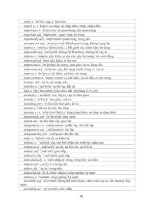 imply v. /im'plai/ ngụ ý, bao hàm
  import n., v. import sự nhập, sự nhập khẩu; nhập, nhập khẩu
  importance n. /im'pɔ:təns/ sự quan trọng, tầm quan trọng
  important adj. /im'pɔ:tənt/ quan trọng, hệ trọng
  importantly adv. /im'pɔ:təntli/ quan trọng, trọng yếu
  unimportant adj. /¸ʌnim´pɔ:tənt/ khônh quan trọng, không trọng đại
  impose v. /im'pouz/ đánh (thuế...), bắt gánh vác; đánh tráo, lợi dụng
  impossible adj. /im'pɔsəbl/ không thể làm được, không thể xảy ra
  impress v. /im'pres/ ghi, khắc, in sâu vào; gây ấn tượng, làm cảm động
  impressed adj. được ghi, khắc, in sâu vào
  impression n. /ɪmˈprɛʃən/ ấn tượng, cảm giác; sự in, đóng dấu
  impressive adj. /im'presiv/ gấy ấn tượng mạnh; hùng vĩ, oai vệ
  improve v. /im'pru:v/ cải thiện, cái tiến, mở mang
  improvement n. /im'pru:vmənt/ sự cái thiện, sự cải tiến, sự mở mang
  in prep., adv. /in/ ở, tại, trong; vào
  inability n. /¸inə´biliti/ sự bất lực, bất tài
  inch n. /intʃ/ insơ (đơn vị đo chiều dài Anh bằng 2, 54 cm)
  incident n. /´insidənt/ việc xảy ra, việc có liên quan
  include v. /in'klu:d/ bao gồm, tính cả
  including prep. /in´klu:diη/ bao gồm, kể cả
  income n. /'inkəm/ lợi tức, thu nhập
  increase v., n. /in'kri:s/or/'inkri:s/ tăng, tăng thêm; sự tăng, sự tăng thêm
  increasingly adv. /in´kri:siηli/ tăng thêm
  indeed adv. /ɪnˈdid/ thật vậy, quả thật
  independence n. /,indi'pendəns/ sự độc lập, nền độc lập
  independent adj. /,indi'pendənt/ độc lập
  independently adv. /,indi'pendзntli/ độc lập
  index n. /'indeks/ chỉ số, sự biểu thị
  indicate v. /´indikeit/ chỉ, cho biết; biểu thị, trình bày ngắn gọn
  indication n. /,indi'kei∫n/ sự chỉ, sự biểu thị, sự biểu lộ
  indirect adj. /¸indi´rekt/ gián tiếp
  indirectly adv. /,indi'rektli/ gián tiếp
  individual adj., n. /indivídʤuəl/ riêng, riêng biệt; cá nhân
  indoors adv. /¸in´dɔ:z/ ở trong nhà
  indoor adj. /´in¸dɔ:/ trong nhà
  industrial adj. /in´dʌstriəl/ (thuộc) công nghiệp, kỹ nghệ
  industry n. /'indəstri/ công nghiệp, kỹ nghệ
  inevitable adj. /in´evitəbl/ không thể tránh được, chắc chắn xảy ra; vẫn thường thấy,
nghe
  inevitably adv. /in’evitəbli/ chắc chắn

                                              40
 