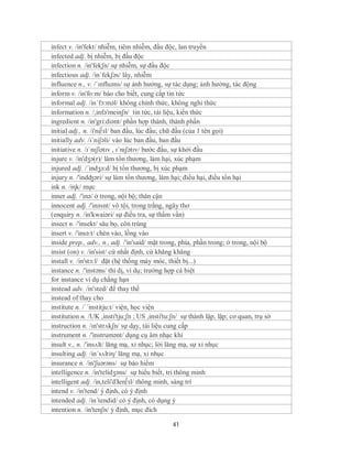 infect v. /in'fekt/ nhiễm, tiêm nhiễm, đầu độc, lan truyền
infected adj. bị nhiễm, bị đầu độc
infection n. /in'fekʃn/ sự nhiễm, sự đầu độc
infectious adj. /in´fekʃəs/ lây, nhiễm
influence n., v. /ˈɪnfluəns/ sự ảnh hưởng, sự tác dụng; ảnh hưởng, tác động
inform v. /in'fo:m/ báo cho biết, cung cấp tin tức
informal adj. /in´fɔ:məl/ không chính thức, không nghi thức
information n. /,infə'meinʃn/ tin tức, tài liệu, kiến thức
ingredient n. /in'gri:diənt/ phần hợp thành, thành phần
initial adj., n. /i'ni∫зl/ ban đầu, lúc đầu; chữ đầu (của 1 tên gọi)
initially adv. /i´niʃəli/ vào lúc ban đầu, ban đầu
initiative n. /ɪˈnɪʃiətɪv , ɪˈnɪʃətɪv/ bước đầu, sự khởi đầu
injure v. /in'dӡə(r)/ làm tổn thương, làm hại, xúc phạm
injured adj. /´indʒə:d/ bị tổn thương, bị xúc phạm
injury n. /'indʤəri/ sự làm tổn thương, làm hại; điều hại, điều tổn hại
ink n. /iηk/ mực
inner adj. /'inə/ ở trong, nội bộ; thân cận
innocent adj. /'inəsnt/ vô tội, trong trắng, ngây thơ
(enquiry n. /in'kwaiəri/ sự điều tra, sự thẩm vấn)
insect n. /'insekt/ sâu bọ, côn trùng
insert v. /'insə:t/ chèn vào, lồng vào
inside prep., adv., n., adj. /'in'said/ mặt trong, phía, phần trong; ở trong, nội bộ
insist (on) v. /in'sist/ cứ nhất định, cứ khăng khăng
install v. /in'stɔ:l/ đặt (hệ thống máy móc, thiết bị...)
instance n. /'instəns/ thí dị, ví dụ; trường hợp cá biệt
for instance ví dụ chẳng hạn
instead adv. /in'sted/ để thay thế
instead of thay cho
institute n. /ˈ´institju:t/ viện, học viện
institution n. /UK ,insti'tju:ʃn ; US ,insti'tu:ʃn/ sự thành lập, lập; cơ quan, trụ sở
instruction n. /ɪn'strʌkʃn/ sự dạy, tài liệu cung cấp
instrument n. /'instrumənt/ dụng cụ âm nhạc khí
insult v., n. /'insʌlt/ lăng mạ, xỉ nhục; lời lăng mạ, sự xỉ nhục
insulting adj. /in´sʌltiη/ lăng mạ, xỉ nhục
insurance n. /in'ʃuərəns/ sự bảo hiểm
intelligence n. /in'telidʒəns/ sự hiểu biết, trí thông minh
intelligent adj. /in,teli'dЗen∫зl/ thông minh, sáng trí
intend v. /in'tend/ ý định, có ý định
intended adj. /in´tendid/ có ý định, có dụng ý
intention n. /in'tenʃn/ ý định, mục đích

                                               41
 