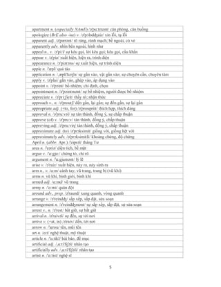 apartment n. (especially NAmE) /ə'pɑ:tmənt/ căn phòng, căn buồng
apologize (BrE also -ise) v. /ə'pɔlədʤaiz/ xin lỗi, tạ lỗi
apparent adj. /ə'pærənt/ rõ ràng, rành mạch; bề ngoài, có vẻ
apparently adv. nhìn bên ngoài, hình như
appeal n., v. /ə'pi:l/ sự kêu gọi, lời kêu gọi; kêu gọi, cầu khẩn
appear v. /ə'piə/ xuất hiện, hiện ra, trình diện
appearance n. /ə'piərəns/ sự xuất hiện, sự trình diện
apple n. /'æpl/ quả táo
application n. /,æpli'keiʃn/ sự gắn vào, vật gắn vào; sự chuyên cần, chuyên tâm
apply v. /ə'plai/ gắn vào, ghép vào, áp dụng vào
appoint v. /ə'pɔint/ bổ nhiệm, chỉ định, chọn
appointment n. /ə'pɔintmənt/ sự bổ nhiệm, người được bổ nhiệm
appreciate v. /ə'pri:ʃieit/ thấy rõ; nhận thức
approach v., n. /ə'proutʃ/ đến gần, lại gần; sự đến gần, sự lại gần
appropriate adj. (+to, for) /ə'proupriit/ thích hợp, thích đáng
approval n. /ə'pru:vəl/ sự tán thành, đồng ý, sự chấp thuận
approve (of) v. /ə'pru:v/ tán thành, đồng ý, chấp thuận
approving adj. /ə'pru:viɳ/ tán thành, đồng ý, chấp thuận
approximate adj. (to) /ə'prɔksimit/ giống với, giống hệt với
approximately adv. /ə'prɔksimitli/ khoảng chừng, độ chừng
April n. (abbr. Apr.) /'eiprəl/ tháng Tư
area n. /'eəriə/ diện tích, bề mặt
argue v. /'ɑ:gju:/ chứng tỏ, chỉ rõ
argument n. /'ɑ:gjumənt/ lý lẽ
arise v. /ə'raiz/ xuất hiện, nảy ra, nảy sinh ra
arm n., v. /ɑ:m/ cánh tay; vũ trang, trang bị (vũ khí)
arms n. vũ khí, binh giới, binh khí
armed adj. /ɑ:md/ vũ trang
army n. /'ɑ:mi/ quân đội
around adv., prep. /ə'raund/ xung quanh, vòng quanh
arrange v. /ə'reindʤ/ sắp xếp, sắp đặt, sửa soạn
arrangement n. /ə'reindʤmənt/ sự sắp xếp, sắp đặt, sự sửa soạn
arrest v., n. /ə'rest/ bắt giữ, sự bắt giữ
arrival n. /ə'raivəl/ sự đến, sự tới nơi
arrive v. (+at, in) /ə'raiv/ đến, tới nơi
arrow n. /'ærou/ tên, mũi tên
art n. /ɑ:t/ nghệ thuật, mỹ thuật
article n. /'ɑ:tikl/ bài báo, đề mục
artificial adj. /,ɑ:ti'fiʃəl/ nhân tạo
artificially adv. /,ɑ:ti'fiʃəli/ nhân tạo
artist n. /'ɑ:tist/ nghệ sĩ

                                            5
 