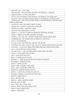 other adj., pron. /ˈʌðər/ khác
  otherwise adv. /´ʌðə¸waiz/ khác, cách khác; nếu không thì...; mặt khác
  ought to modal v. /ɔ:t/ phải, nên, hẳn là
  our det. /auə/ của chúng ta, thuộc chúng ta, của chúng tôi, của chúng mình
  ours pron. /auəz/ của chúng ta, thuộc chúng ta, của chúng tôi, của chúng mình
  ourselves pron. /´awə´selvz/ bản thân chúng ta, bản thân chúng tôi, bản thân chúng
mình; tự chúng mình
  out (of) adv., prep. /aut/ ngoài, ở ngoài, ra ngoài
  outdoors adv. /¸aut´dɔ:z/ ở ngoài trời, ở ngoài nhà
  outdoor adj. /'autdɔ:/ ngoài trời, ở ngoài
  outer adj. outer ở phía ngoài, ở xa hơn
  outline v., n. /´aut¸lain/ vẽ, phác tảo; đường nét, hình dáng, nét ngoài
  output n. /'autput/ sự sản xuất; sản phẩm, sản lượng
  outside n., adj., prep., adv. /'aut'said/ bề ngoài, bên ngoài; ở ngoài; ngoài
  outstanding adj. /¸aut´stændiη/ nổi bật, đáng chú ý; còn tồn lại
  oven n. /ʌvn/ lò (nướng)
  over adv., prep. /'ouvə/ bên trên, vượt qua; lên, lên trên
  overall adj., adv. /adv. ˈoʊvərˈɔl ; adj. ˈoʊvərˌɔl/ toàn bộ, toàn thể; tất cả, bao gồm
  overcome v. /ˌoʊvərˈkʌm/ thắng, chiến thắng, khắc phục, đánh bại (khó khăn)
  owe v. /ou/ nợ, hàm ơn; có được (cái gì)
  own adj., pron., v. /oun/ của chính mình, tự mình; nhận, nhìn nhận
  owner n. /´ounə/ người chủ, chủ nhân
  pace n. /peis/ bước chân, bước
  pack v., n. /pæk/ gói, bọc; bó, gói
  package n., v. /pæk.ɪdʒ/ gói đồ, bưu kiện; đóng gói, đóng kiện
  packaging n. /"pækidzŋ/ bao bì
  packet n. /'pækit/ gói nhỏ
  page n. (abbr. p) /peidʒ/ trang (sách)
  pain n. /pein/ sự đau đớn, sự đau khổ
  painful adj. /'peinful/ đau đớn, đau khổ
  paint n., v. /peint/ sơn, vôi màu; sơn, quét sơn
  painting n. /'peintiɳ/ sự sơn; bức họa, bức tranh
  painter n. /peintə/ họa sĩ
  pair n. /pɛə/ đôi, cặp
  palace n. /ˈpælɪs/ cung điện, lâu đài
  pale adj. /peil/ taí, nhợt
  pan n. /pæn - pɑ:n/ xoong, chảo
  panel n. /'pænl/ ván ô (cửa, tường), pa nô
  pants n. /pænts/ quần lót, đùi
  paper n. /´peipə/ giấy

                                                55
 