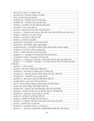 private adj. /ˈpraɪvɪt/ cá nhân, riêng
  privately adv. /ˈpraɪvɪtli/ riêng tư, cá nhân
  prize n. /praiz/ giải, giải thưởng
  probable adj. /´prɔbəbl/ có thể, có khả năng
  probably adv. /´prɔbəbli/ hầu như chắc chắn
  problem n. /'prɔbləm/ vấn đề, điều khó giải quyết
  procedure n. /prə´si:dʒə/ thủ tục
  proceed v. /proceed/ tiến lên, theo duổi, tiếp diễn
  process n., v. /'prouses/ quá trình, sự tiến triển, quy trình; chế biến, gia công, xử lý
  produce v. /'prɔdju:s/ sản xuất, chế tạo
  producer n. /prə´dju:sə/ nhà sản xuất
  product n. /´prɔdʌkt/ sản phẩm
  production n. /prə´dʌkʃən/ sự sản xuất, chế tạo
  profession n. /prə´feʃ(ə)n/ nghề, nghề nghiệp
  professional adj., n. /prə'feʃənl/ (thuộc) nghề, nghề nghiệp; chuyên nghiệp
  professor n. /prəˈfɛsər/ giáo sư, giảng viên
  profit n. /ˈprɒfɪt/ thuận lợi, lợi ích, lợi nhuận
  program n., v. /´prougræm/ chương trình; lên chương trình
  programme n. (BrE) /´prougræm/ chương trình
  progress n., v. /'prougres/ sự tiến tới, sự tiến triển; tiến bộ, tiến triển, phát triển
  project n., v. /n. ˈprɒdʒɛkt , ˈprɒdʒɪkt ; v. prəˈdʒɛkt/ đề án, dự án, kế hoạch; dự kiến,
kế hoạch
  promise v., n. hứa, lời hứa
  promote v. /prəˈmoʊt/ thăng chức, thăng cấp
  promotion n. /prə'mou∫n/ sự thăng chức, sự thăng cấp
  prompt adj., v. /prɒmpt/ mau lẹ, nhanh chóng; xúi, giục, nhắc nhở
  promptly adv. /´prɔmptli/ mau lẹ, ngay lập tức
  pronounce v. /prəˈnaʊns/ tuyên bố, thông báo, phát âm
  pronunciation n. /prə¸nʌnsi´eiʃən/ sự phát âm
  proof n. /pru:f/ chứng, chứng cớ, bằng chứng; sự kiểm chứng
  proper adj. /'prɔpə/ đúng, thích đáng, thích hợp
  properly adv. /´prɔpəli/ một cách đúng đắn, một cách thích đáng
  property n. /'prɔpəti/ tài sản, của cải; đất đai, nhà cửa, bất động sản
  proportion n. /prə'pɔ:ʃn/ sự cân xứng, sự cân đối
  proposal n. /prə'pouzl/ sự đề nghị, đề xuất
  propose v. /prǝ'prouz/ đề nghị, đề xuất, đưa ra
  prospect n. /´prɔspekt/ viễn cảnh, toàn cảnh; triển vọng, mong chờ
  protect v. /prə'tekt/ bảo vệ, che chở
  protection n. /prə'tek∫n/ sự bảo vệ, sự che chở
  protest n., v. /ˈprəʊ.test/ sự phản đối, sự phản kháng; phản đối, phản kháng

                                                 61
 