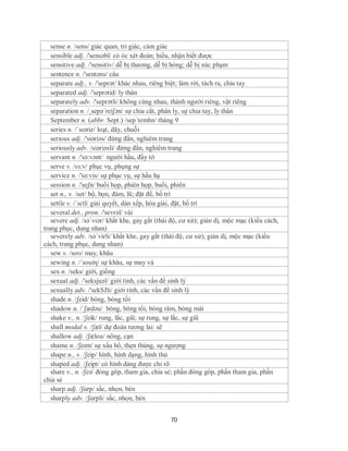 sense n. /sens/ giác quan, tri giác, cảm giác
   sensible adj. /'sensəbl/ có óc xét đoán; hiểu, nhận biết được
   sensitive adj. /'sensitiv/ dễ bị thương, dễ bị hỏng; dễ bị xúc phạm
   sentence n. /'sentəns/ câu
   separate adj., v. /'seprət/ khác nhau, riêng biệt; làm rời, tách ra, chia tay
   separated adj. /'seprətid/ ly thân
   separately adv. /'seprətli/ không cùng nhau, thành người riêng, vật riêng
   separation n. /¸sepə´reiʃən/ sự chia cắt, phân ly, sự chia tay, ly thân
   September n. (abbr. Sept.) /sep´tembə/ tháng 9
   series n. /ˈsɪəriz/ loạt, dãy, chuỗi
   serious adj. /'siəriəs/ đứng đắn, nghiêm trang
   seriously adv. /siəriəsli/ đứng đắn, nghiêm trang
   servant n. /'sə:vənt/ người hầu, đầy tớ
   serve v. /sɜ:v/ phục vụ, phụng sự
   service n. /'sə:vis/ sự phục vụ, sự hầu hạ
   session n. /'seʃn/ buổi họp, phiên họp, buổi, phiên
   set n., v. /set/ bộ, bọn, đám, lũ; đặt để, bố trí
   settle v. /ˈsɛtl/ giải quyết, dàn xếp, hòa giải, đặt, bố trí
   several det., pron. /'sevrəl/ vài
   severe adj. /səˈvɪər/ khắt khe, gay gắt (thái độ, cư xử); giản dị, mộc mạc (kiểu cách,
trang phục, dung nhan)
   severely adv. /sə´virli/ khắt khe, gay gắt (thái độ, cư xử); giản dị, mộc mạc (kiểu
cách, trang phục, dung nhan)
   sew v. /soʊ/ may, khâu
   sewing n. /´souiη/ sự khâu, sự may vá
   sex n. /seks/ giới, giống
   sexual adj. /'seksjuəl/ giới tính, các vấn đề sinh lý
   sexually adv. /'sekSJli/ giới tính, các vấn đề sinh lý
   shade n. /ʃeid/ bóng, bóng tối
   shadow n. /ˈʃædəu/ bóng, bóng tối, bóng râm, bóng mát
   shake v., n. /ʃeik/ rung, lắc, giũ; sự rung, sự lắc, sự giũ
   shall modal v. /ʃæl/ dự đoán tương lai: sẽ
   shallow adj. /ʃælou/ nông, cạn
   shame n. /ʃeɪm/ sự xấu hổ, thẹn thùng, sự ngượng
   shape n., v. /ʃeip/ hình, hình dạng, hình thù
   shaped adj. /ʃeipt/ có hình dáng được chỉ rõ
   share v., n. /ʃeə/ đóng góp, tham gia, chia sẻ; phần đóng góp, phần tham gia, phần
chia sẻ
   sharp adj. /ʃɑrp/ sắc, nhọn, bén
   sharply adv. /ʃɑrpli/ sắc, nhọn, bén


                                                70
 