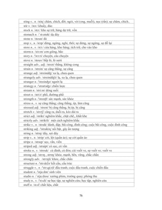 sting v., n. /stiɳ/ châm, chích, đốt; ngòi, vòi (ong, muỗi), nọc (rắn); sự châm, chích..
stir v. /stə:/ khuấy, đảo
stock n. /stə:/ kho sự trữ, hàng dự trữ, vốn
stomach n. /ˈstʌmək/ dạ dày
stone n. /stoun/ đá
stop v., n. /stɔp/ dừng, ngừng, nghỉ, thôi; sự dừng, sự ngừng, sự đỗ lại
store n., v. /stɔ:/ cửa hàng, kho hàng; tích trữ, cho vào kho
storm n. /stɔ:m/ cơn giông, bão
story n. /'stɔ:ri/ chuyện, câu chuyện
stove n. /stouv/ bếp lò, lò sưởi
straight adv., adj. /streɪt/ thẳng, không cong
strain n. /strein/ sự căng thẳng, sự căng
strange adj. /streindʤ/ xa lạ, chưa quen
strangely adv. /streindʤli/ lạ, xa lạ, chưa quen
stranger n. /'streinʤə/ người lạ
strategy n. /'strætəʤɪ/ chiến lược
stream n. /stri:m/ dòng suối
street n. /stri:t/ phố, đườmg phố
strength n. /'streɳθ/ sức mạnh, sức khỏe
stress n., v. sự căng thẳng; căng thẳng, ép, làm căng
stressed adj. /strest/ bị căng thẳng, bị ép, bị căng
stretch v. /strɛtʃ/ căng ra, duỗi ra, kéo dài ra
strict adj. /strikt/ nghiêm khắc, chặt chẽ,, khắt khe
strictly adv. /striktli/ một cách nghiêm khắc
strike v., n. /straik/ đánh, đập, bãi công, đình công; cuộc bãi công, cuộc đình công
striking adj. /'straikiɳ/ nổi bật, gây ấn tượng
string n. /strɪŋ/ dây, sợi dây
strip v., n. /strip/ cởi, lột (quần áo); sự cởi quần áo
stripe n. /straɪp/ sọc, vằn, viền
striped adj. /straipt/ có sọc, có vằn
stroke n., v. /strouk/ cú đánh, cú đòn; cái vuốt ve, sự vuốt ve; vuốt ve
strong adj. /strɔŋ , strɒŋ/ khỏe, mạnh, bền, vững, chắc chắn
strongly adv. /strɔŋli/ khỏe, chắc chắn
structure n. /'strʌkt∫ə/ kết cấu, cấu trúc
struggle v., n. /'strʌg(ə)l/ đấu tranh; cuộc đấu tranh, cuộc chiến đấu
student n. /'stju:dnt/ sinh viên
studio n. /´stju:diou/ xưởng phim, trường quay; phòng thu
study n., v. /'stʌdi/ sự học tập, sự nghiên cứu; học tập, nghiên cứu
stuff n. /stʌf/ chất liệu, chất


                                              76
 