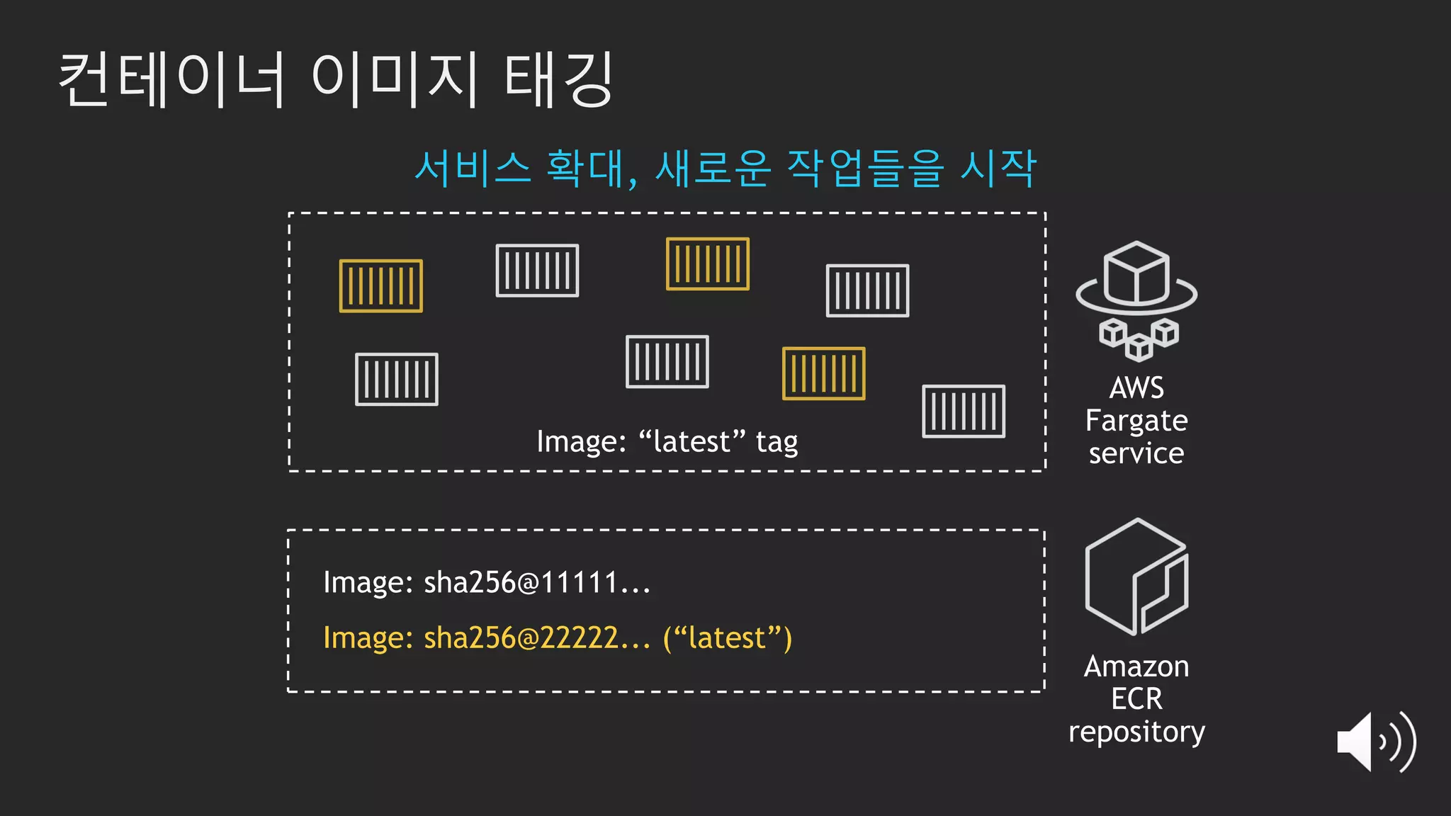 컨테이너 이미지 태깅
서비스 확대, 새로운 작업들을 시작
Image: sha256@22222... (“latest”)
 