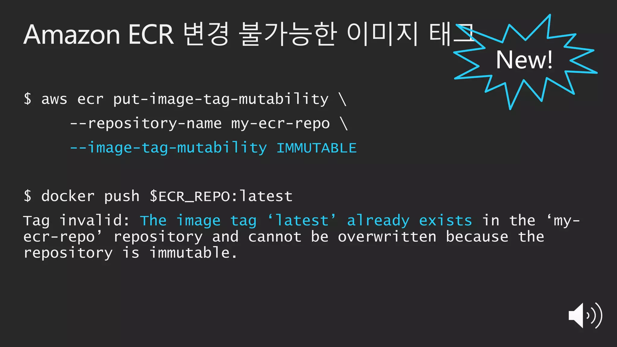 Amazon ECR 변경 불가능한 이미지 태그
$ aws ecr put-image-tag-mutability 
--repository-name my-ecr-repo 
--image-tag-mutability IMMUTABLE
$ docker push $ECR_REPO:latest
Tag invalid: The image tag ‘latest’ already exists in the ‘my-
ecr-repo’ repository and cannot be overwritten because the
repository is immutable.
 