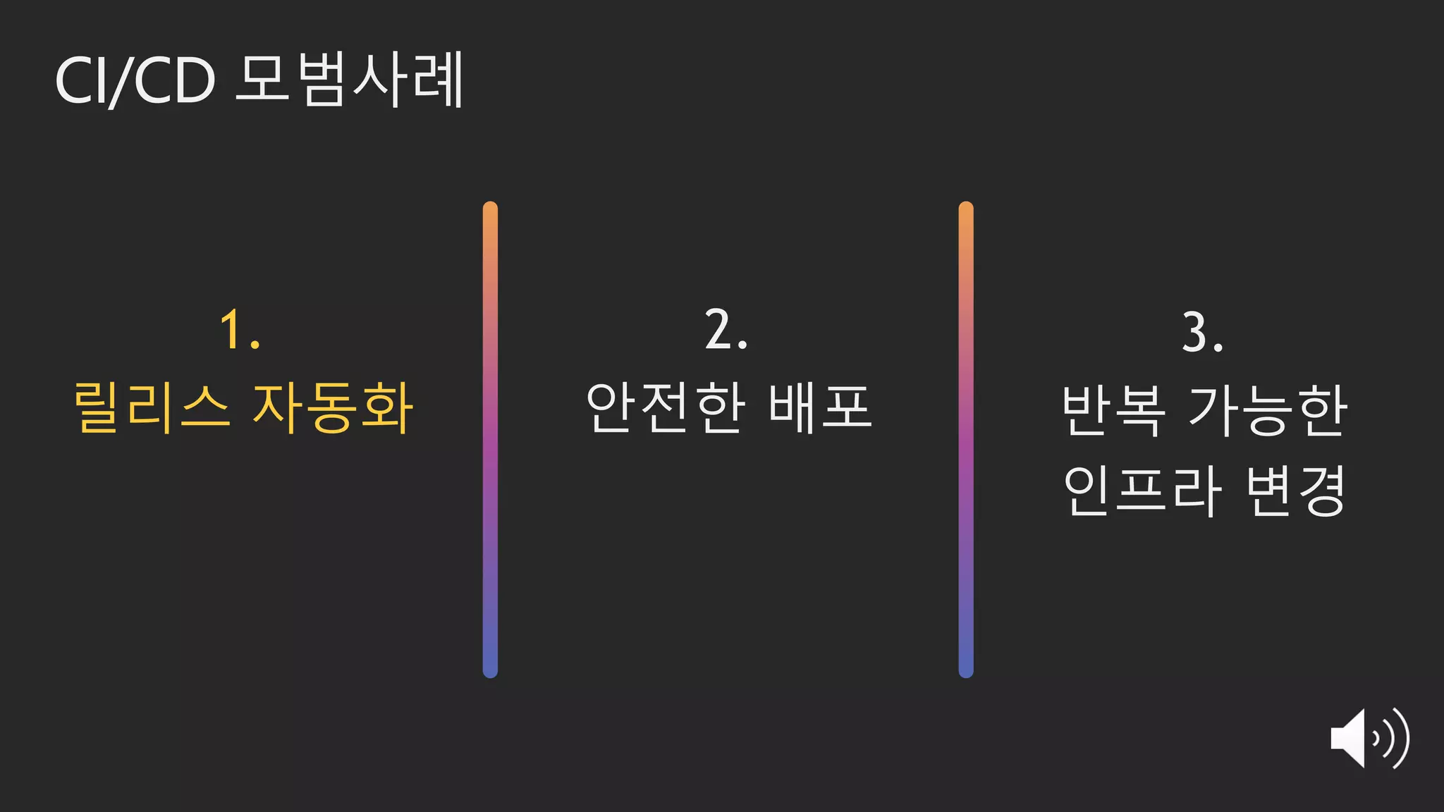 CI/CD 모범사례
3.
반복 가능한
인프라 변경
1.
릴리스 자동화
2.
안전한 배포
 