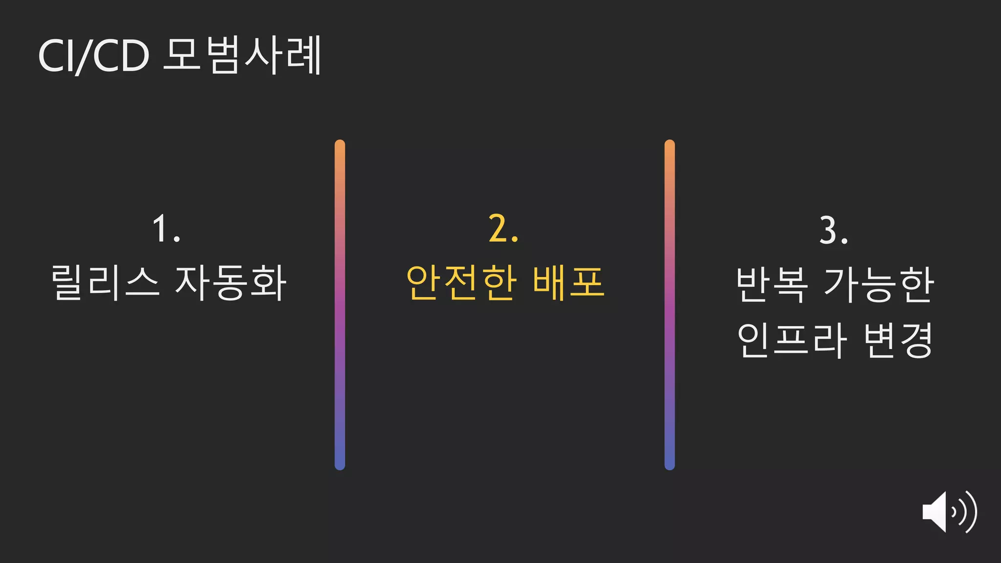 CI/CD 모범사례
3.
반복 가능한
인프라 변경
1.
릴리스 자동화
2.
안전한 배포
 