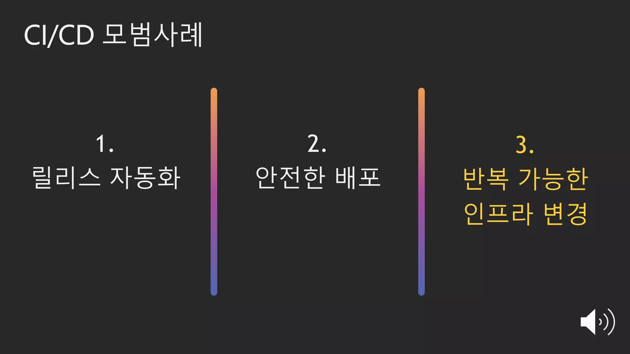 CI/CD 모범사례
3.
반복 가능한
인프라 변경
1.
릴리스 자동화
2.
안전한 배포
 