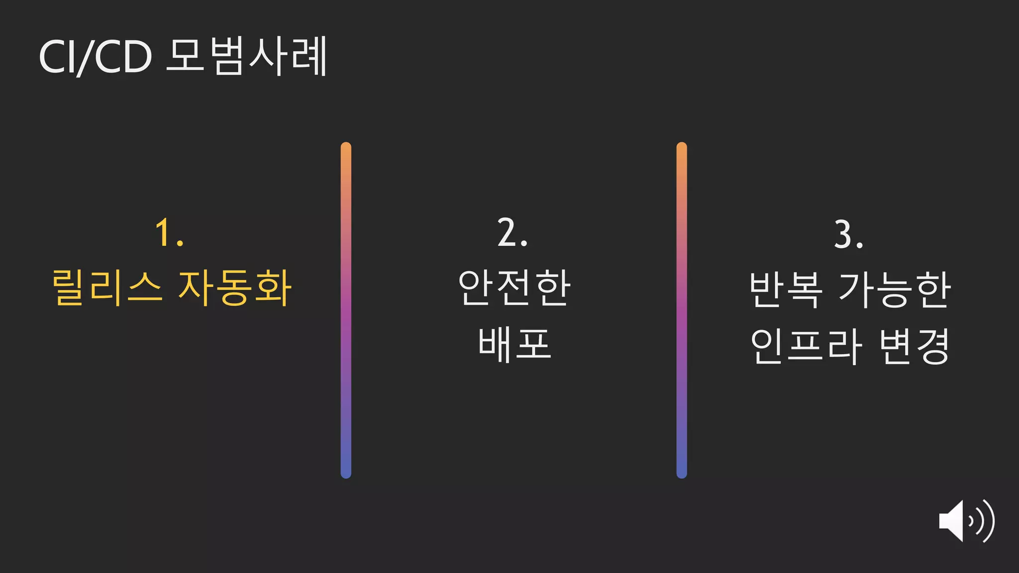 CI/CD 모범사례
3.
반복 가능한
인프라 변경
1.
릴리스 자동화
2.
안전한
배포
 