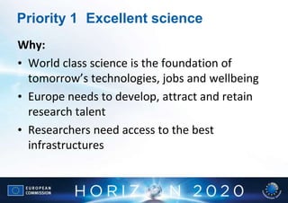 Priority 1 Excellent science
Why:
• World class science is the foundation of
  tomorrow’s technologies, jobs and wellbeing
• Europe needs to develop, attract and retain
  research talent
• Researchers need access to the best
  infrastructures
 