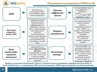 Основные положения ПП№1178
                                                                       от 1% до 3% (3% - если
                              Должны быть              Индекс            рост (OPEX/УЕ i-1 :
                           согласованы с ФСТ                                  OPEX/УЕi >
        ДПР               России (РЭК не может        эффектив-        2*ИПЦ прогноз 1-го года RAB
                           внести изменения)            ности           регулирования (где i - год
                                                                         перехода на RAB ).
                            «Кредитное плечо»:
                                                                      Для территориальных
                             величина заемных
                              средств на конец                            сетей: на новый
                           каждого года долг.                                 капитал -
                           периода рег. должна                         утверждается ФСТ по
                          быть >=25% от размера                           согл. с МЭР. ; на
      Критерии                                                        старый - определяются
      корректи-
                             инвестированного          Нормы
                                 капитала;                                региональными
      ровки ДПР              соответствие роста      доходности               органами
                         среднего одноставочного                           регулирования
                            «котлового» тарифа                              (1=<доход на
                           прогнозу МЭР (с 2013
                                                                         старый<=доход на
                          года прирост не выше
                                                                               новый)
                                    10%)

                             Определяется на                             На 1-й год ДПР – на
                                                                        основании норматива
         База             основе фактических
                                                                       Минэнерго (если нет –
                                 вводов в
     инвестиро-           эксплуатацию в соотв.       Величина          на основании СПБ), а
                                                                       далее с учетом темпов
       ванного            с утв. ИП, с 01.07.2014      потерь               снижения (по
      капитала              - с учетом степени                          программе энергосб.,
                          фактической загрузки                             или в случае ее
                                  объектов                             отсутствия -   на 10%)
  Требуется внесение изменений в Метод. указания по регулированию тарифов методом RAB от
26.06.2008 №231-э и утверждение ФСТ по согласованию с МЭР норм доходности на новый капитал

18
 