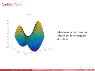 Saddle Point
Minimum in one direction
Maximum in orthogonal
direction
Soon Yau Cheong (University of Bristol) EENGM0014 Mathematics for Signal Processing and Communications28 Oct 2016 11 / 12
 