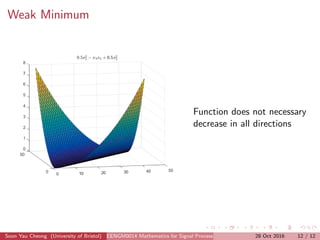 Weak Minimum
Function does not necessary
decrease in all directions
Soon Yau Cheong (University of Bristol) EENGM0014 Mathematics for Signal Processing and Communications28 Oct 2016 12 / 12
 