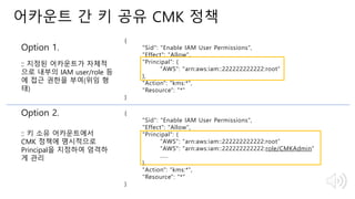 © 2018, Amazon Web Services, Inc. or Its Affiliates. All rights reserved.
어카운트 간 키 공유 CMK 정책
{
"Sid": "Enable IAM User Permissions",
"Effect": "Allow",
"Principal": {
"AWS": "arn:aws:iam::222222222222:root”
},
"Action": "kms:*",
"Resource": "*"
}
{
"Sid": "Enable IAM User Permissions",
"Effect": "Allow",
"Principal": {
"AWS": "arn:aws:iam::222222222222:root”
"AWS": "arn:aws:iam::222222222222:role/CMKAdmin”
.....
},
"Action": "kms:*",
"Resource": "*"
}
Option 1.
Option 2.
:: 지정된 어카운트가 자체적
으로 내부의 IAM user/role 등
에 접근 권한을 부여(위임 형
태)
:: 키 소유 어카운트에서
CMK 정책에 명시적으로
Principal을 지정하여 엄격하
게 관리
 