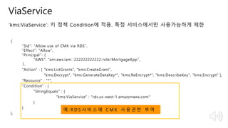 © 2018, Amazon Web Services, Inc. or Its Affiliates. All rights reserved.
ViaService
‘kms:ViaService’: 키 정책 Condition에 적용. 특정 서비스에서만 사용가능하게 제한
{
"Sid": "Allow use of CMK via RDS",
"Effect": "Allow",
"Principal": {
"AWS": "arn:aws:iam::222222222222:role/MortgageApp”,
},
"Action" : [ "kms:ListGrants", "kms:CreateGrant",
"kms:Decrypt", "kms:GenerateDataKey*", "kms:ReEncrypt*", "kms:DescribeKey", "kms:Encrypt" ],
"Resource" : "*",
"Condition" : {
"StringEquals" : {
"kms:ViaService" : "rds.us-west-1.amazonaws.com"
}
}
},
예 : R D S 서 비 스 에 C M K 사 용 권 한 부 여
 