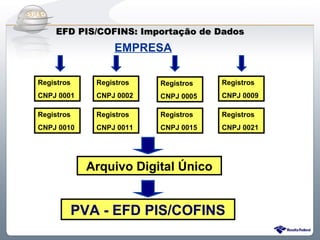 Do Sintegra ao SPEDFiscal
    EFD PIS/COFINS: Importação de Dados
                 EMPRESA

Registros    Registros   Registros   Registros
CNPJ 0001    CNPJ 0002   CNPJ 0005   CNPJ 0009

Registros    Registros   Registros   Registros
CNPJ 0010    CNPJ 0011   CNPJ 0015   CNPJ 0021




            Arquivo Digital Único


        PVA - EFD PIS/COFINS
 