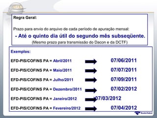 Do Sintegra ao SPEDFiscal
 Regra Geral:

 Prazo para envio do arquivo de cada período de apuração mensal:
  - Até o quinto dia útil do segundo mês subseqüente.
            (Mesmo prazo para transmissão do Dacon e da DCTF)

Exemplos:

EFD-PIS/COFINS PA = Abril/2011                       07/06/2011
EFD-PIS/COFINS PA = Maio/2011                        07/07/2011
EFD-PIS/COFINS PA = Julho/2011                       07/09/2011
EFD-PIS/COFINS PA = Dezembro/2011                    07/02/2012
EFD-PIS/COFINS PA = Janeiro/2012             07/03/2012
EFD-PIS/COFINS PA = Fevereiro/2012                   07/04/2012
 