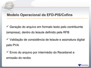 Do Sintegra ao SPEDFiscal
Modelo Operacional da EFD-PIS/Cofins


 Geração do arquivo em formato texto pelo contribuinte
(empresa), dentro do leiaute definido pela RFB

 Validação de consistência de leiaute e assinatura digital
pelo PVA

 Envio do arquivo por intermédio do Receitanet e
emissão do recibo
 