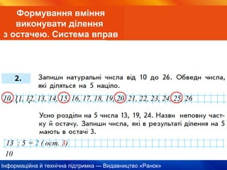 Інформаційна й технічна підтримка — Видавництво «Ранок»
Формування вміння
виконувати ділення
з остачею. Система вправ
10, 11, 12, 13, 14, 15, 16, 17, 18, 19, 20, 21, 22, 23, 24, 25, 26
13 : 5
10
= 2 ( ост. 3)
 
