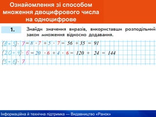 Інформаційна й технічна підтримка — Видавництво «Ранок»
Ознайомлення зі способом
множення двоцифрового числа
на одноцифрове
= 8 · 7 + 5 · 7 = 56 + 35 = 91
= 20 · 6 + 4 · 6 = 120 + 24 = 144
 