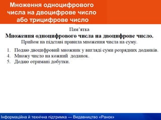Інформаційна й технічна підтримка — Видавництво «Ранок»
Множення одноцифрового
числа на двоцифрове число
або трицифрове число
 