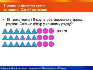 Інформаційна й технічна підтримка — Видавництво «Ранок»
Правило ділення суми
на число. Ознайомлення
• 18 трикутників і 9 кругів розташовано у трьох
рядках. Скільки фігур у кожному рядку?
(18 + 9)
 