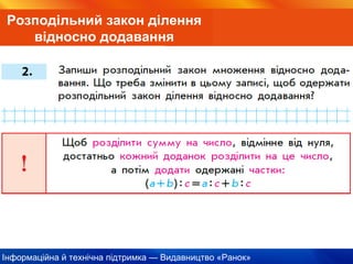 Інформаційна й технічна підтримка — Видавництво «Ранок»
Розподільний закон ділення
відносно додавання
 