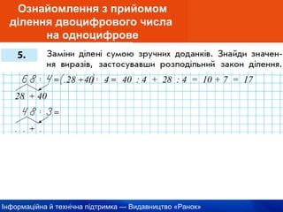 Інформаційна й технічна підтримка — Видавництво «Ранок»
Ознайомлення з прийомом
ділення двоцифрового числа
на одноцифрове
4028
28 40 4 40 : 4 + 28 : 4 = 10 + 7 = 17
 