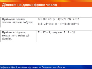 Інформаційна й технічна підтримка — Видавництво «Ранок»
Ділення на двоцифрове число
 
