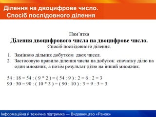Інформаційна й технічна підтримка — Видавництво «Ранок»
Ділення на двоцифрове число.
Спосіб послідовного ділення
 