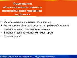 Інформаційна й технічна підтримка — Видавництво «Ранок»
Формування
обчислювальних навичок
позатабличного множення
та ділення
 Ознайомлення з прийомом обчислення
 Формування вміння застосовувати прийом обчислення:
• Виконання дії за розгорненою схемою
• Виконання дії з розгорненим коментарем
• Скорочення дії
 
