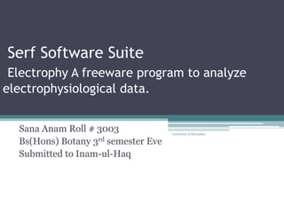 Serf Software Suite 
Electrophy A freeware program to analyze 
electrophysiological data. 
Sana Anam Roll # 3003 
Bs(Hons) Botany 3rd semester Eve 
Submitted to Inam-ul-Haq 
University of Education 
 