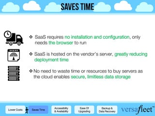  SaaS requires no installation and configuration, only
needs the browser to run
 SaaS is hosted on the vendor’s server, greatly reducing
deployment time
No need to waste time or resources to buy servers as
the cloud enables secure, limitless data storage
Lower Costs Saves Time
Accessibility
& Availability
Ease Of
Upgrading
Backup &
Data Recovery
 