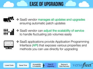  SaaS vendor manages all updates and upgrades
ensuring automatic patch updates
 SaaS vendor can adjust the scalability of service
to handle fluctuating job volumes easily
 SaaS applications provide Application Programming
Interface (API) that exposes various properties and
methods you can use directly for upgrading
Lower Costs Saves Time
Accessibility
& Availability
Ease Of
Upgrading
Backup &
Data Recovery
 