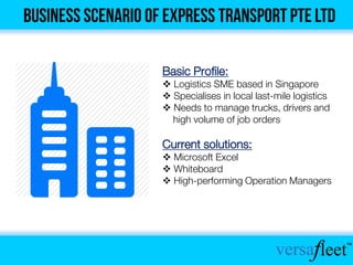 Basic Profile:
 Logistics SME based in Singapore
 Specialises in local last-mile logistics
 Needs to manage trucks, drivers and
high volume of job orders
Current solutions:
 Microsoft Excel
 Whiteboard
 High-performing Operation Managers
 